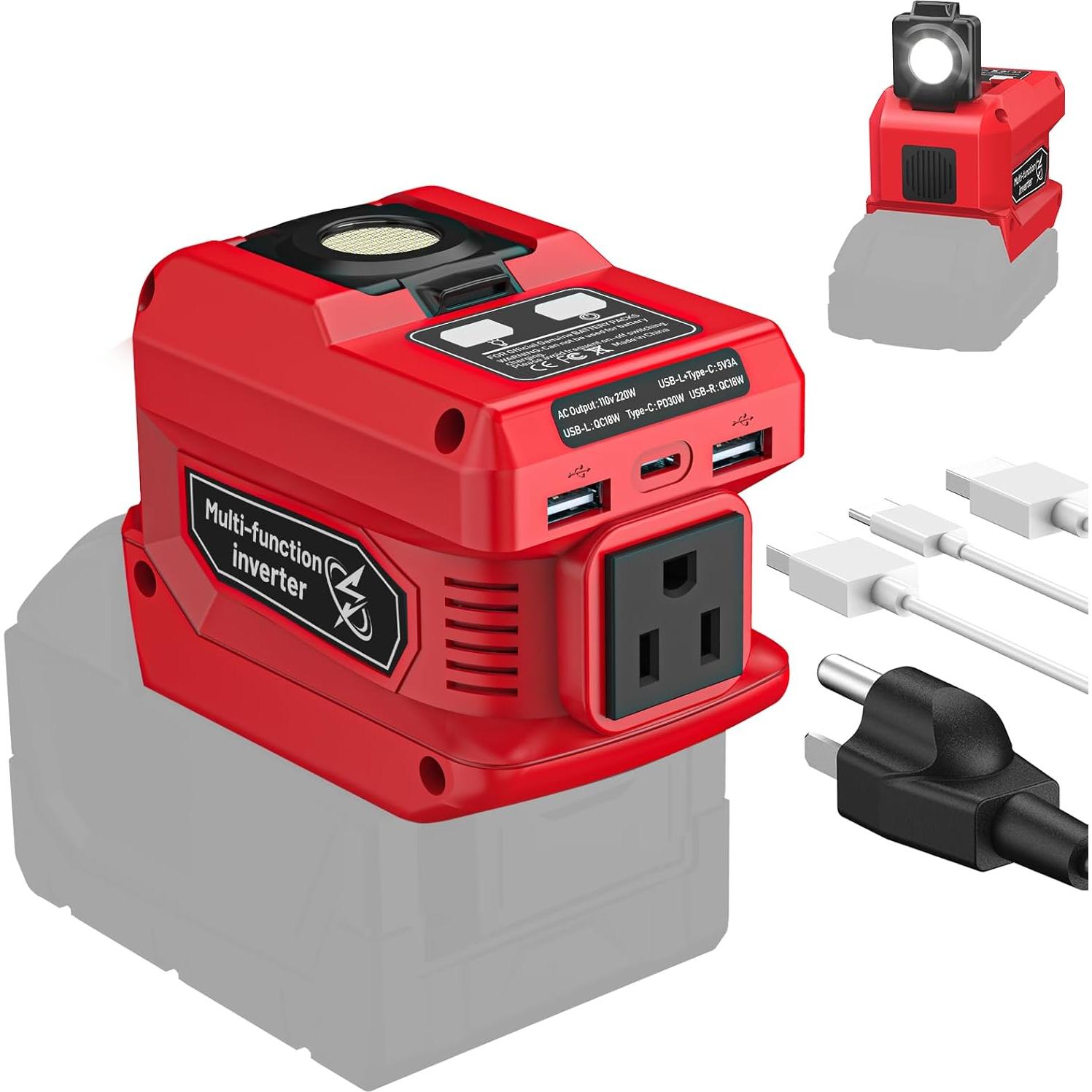 Inversor 220W Azocek para Batería Milwaukee 18V USB-C LED