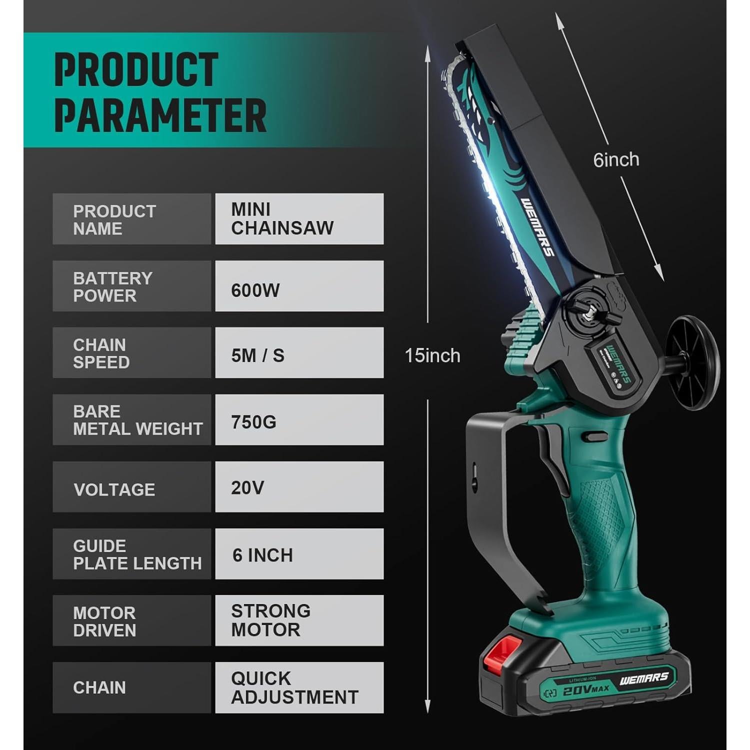 Motosierra eléctrica portátil WEMARS 6" con 2 baterías