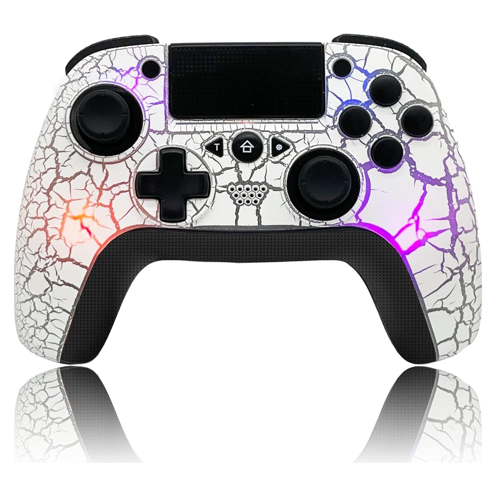 Wireless Controller for PS4, Wireless Remote Gamepad with Unique Cracked Design/8 Adjustable LED Colors/Programmable Back Buttons/Super Turbo/Dual Vibration, Widely Compatible with PS4/PC/iOS