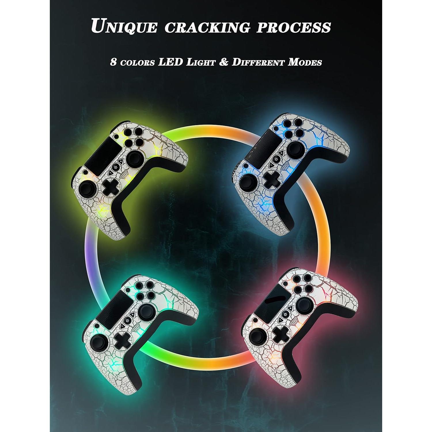 Wireless Controller for PS4, Wireless Remote Gamepad with Unique Cracked Design/8 Adjustable LED Colors/Programmable Back Buttons/Super Turbo/Dual Vibration, Widely Compatible with PS4/PC/iOS