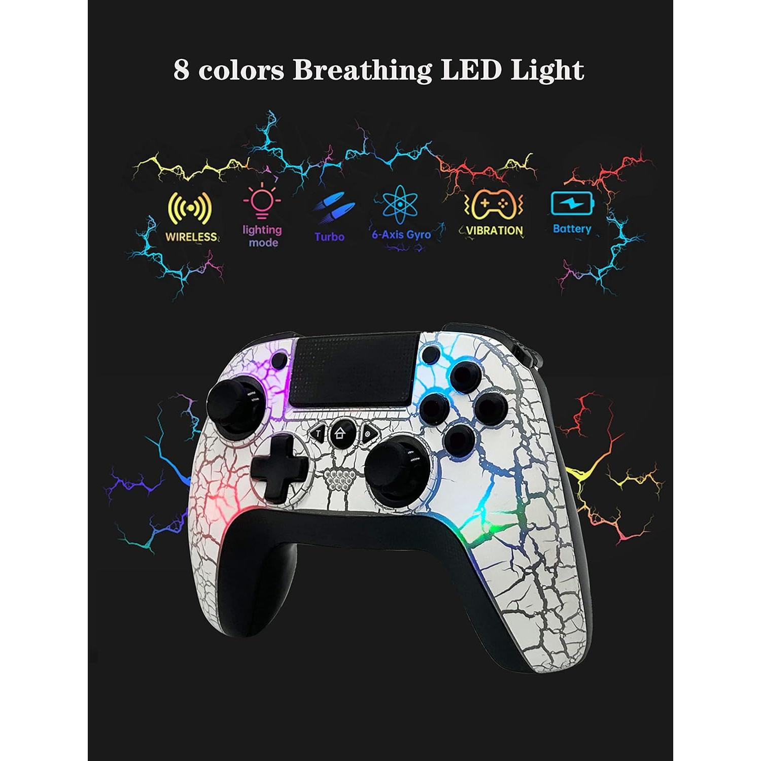 Wireless Controller for PS4, Wireless Remote Gamepad with Unique Cracked Design/8 Adjustable LED Colors/Programmable Back Buttons/Super Turbo/Dual Vibration, Widely Compatible with PS4/PC/iOS