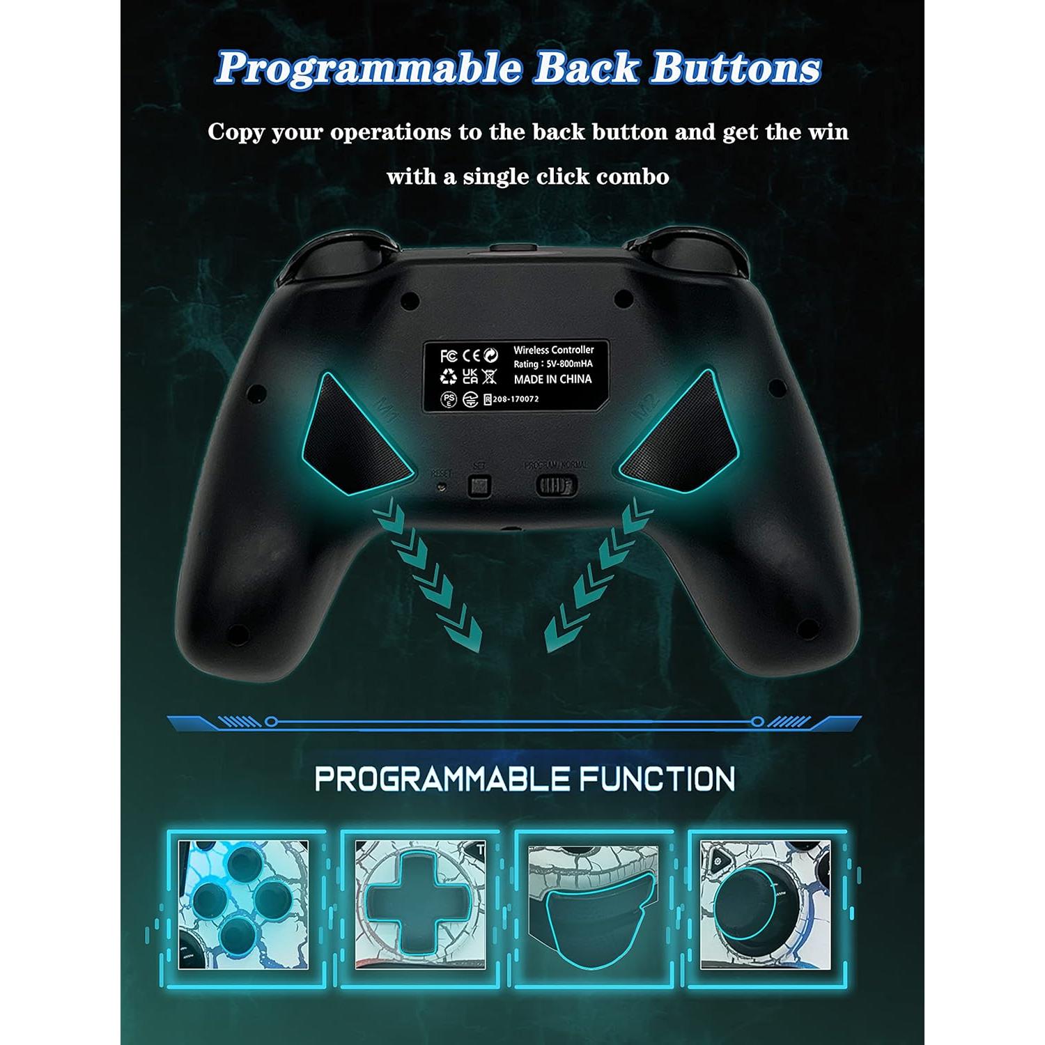 Wireless Controller for PS4, Wireless Remote Gamepad with Unique Cracked Design/8 Adjustable LED Colors/Programmable Back Buttons/Super Turbo/Dual Vibration, Widely Compatible with PS4/PC/iOS