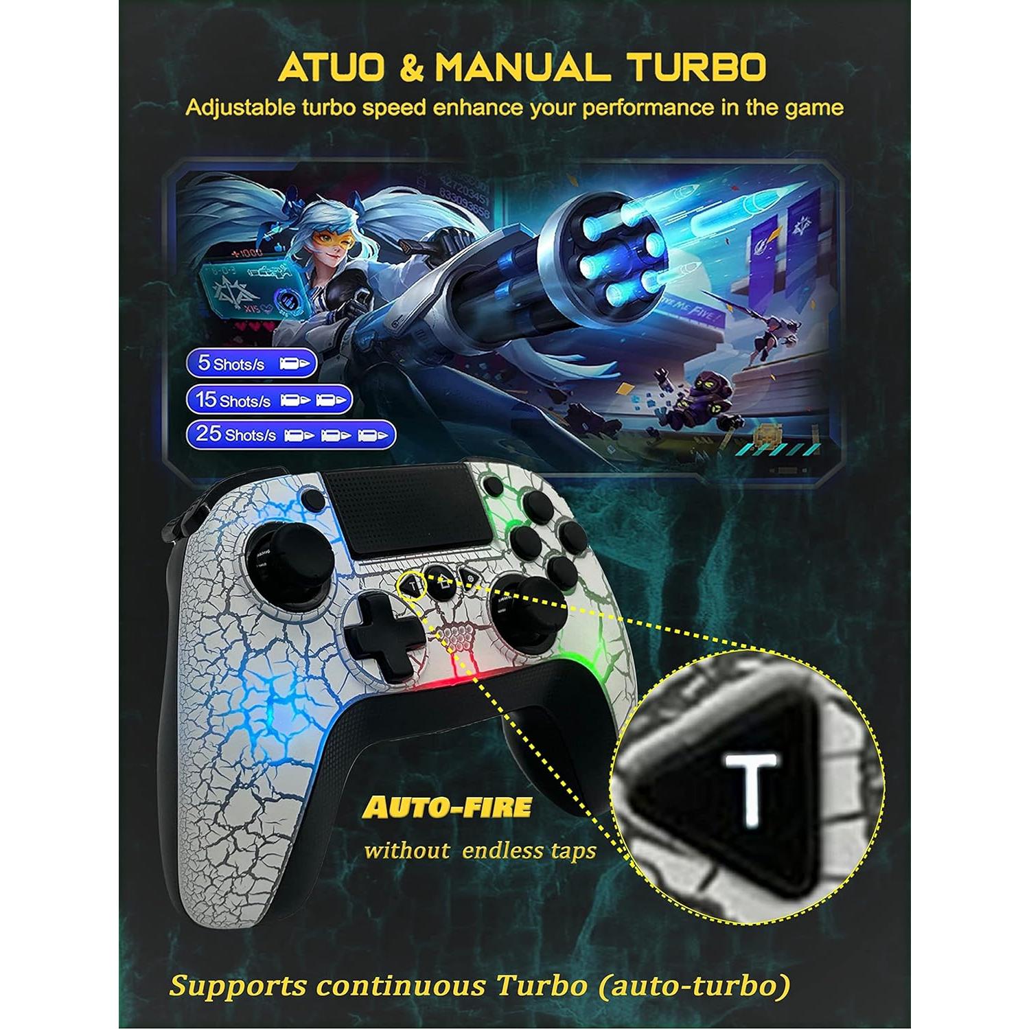 Wireless Controller for PS4, Wireless Remote Gamepad with Unique Cracked Design/8 Adjustable LED Colors/Programmable Back Buttons/Super Turbo/Dual Vibration, Widely Compatible with PS4/PC/iOS