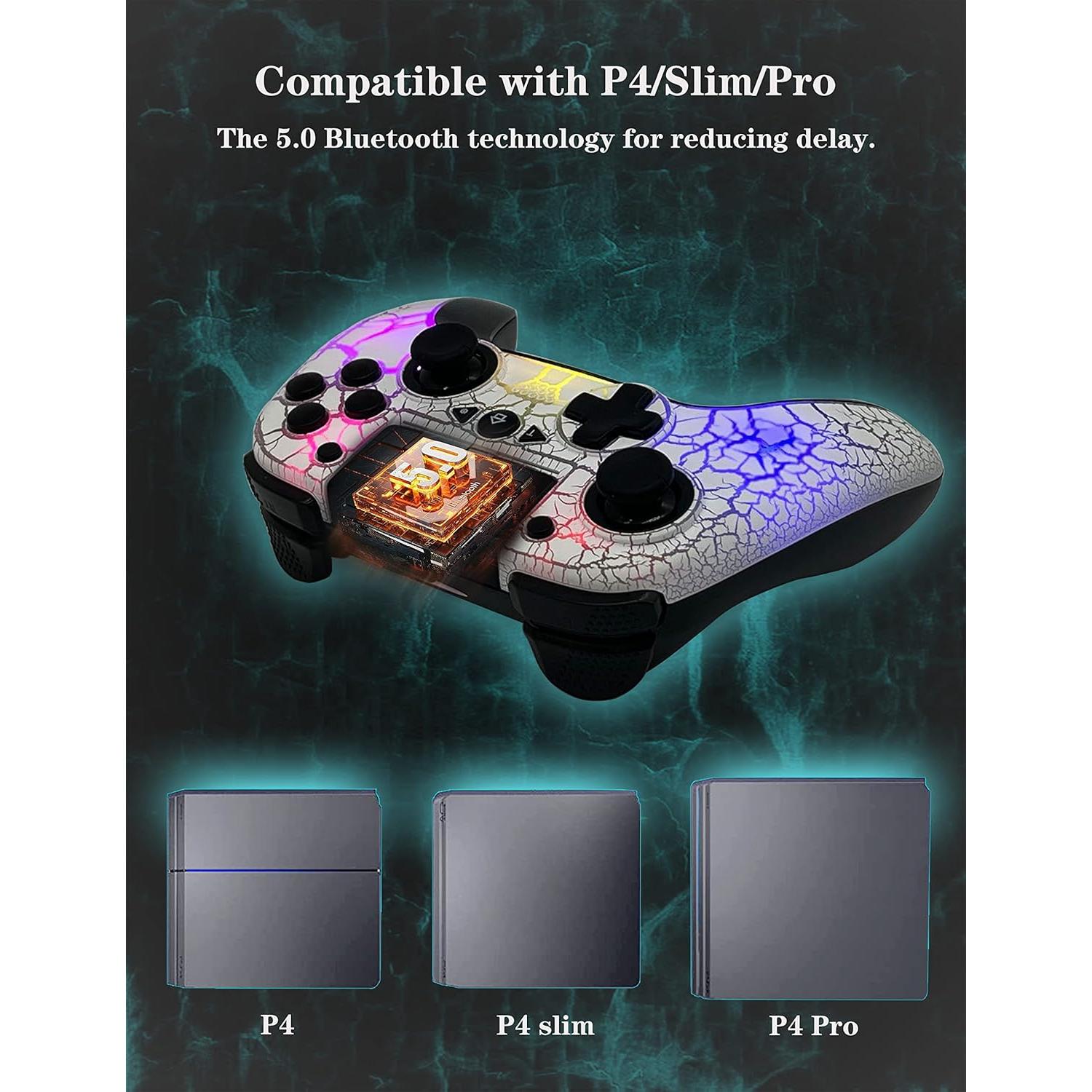 Wireless Controller for PS4, Wireless Remote Gamepad with Unique Cracked Design/8 Adjustable LED Colors/Programmable Back Buttons/Super Turbo/Dual Vibration, Widely Compatible with PS4/PC/iOS