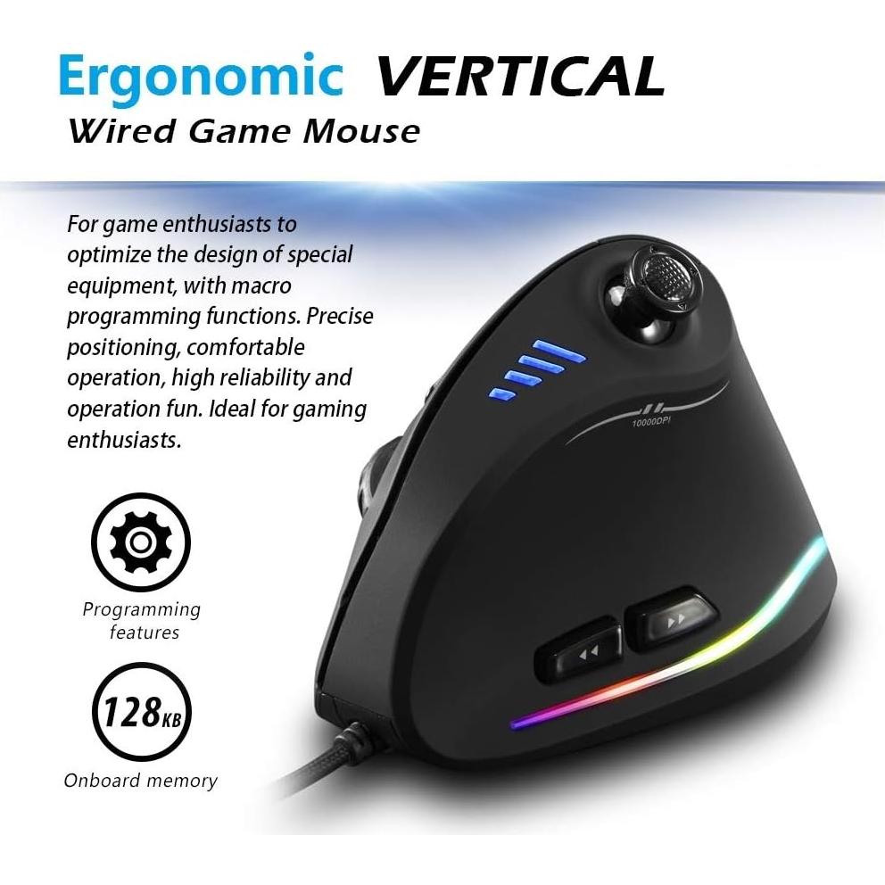 ZLOT Vertical Gaming Mouse,Wired RGB Ergonomic USB Joystick Programmable Laser Gaming Mice,6+1 Design,11 Buttons,1000 Hz Max Polling Rate,10000 Max DPI,Upgraded Version for Computer Gamers,Black