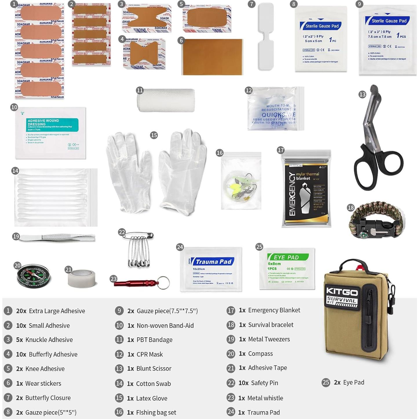 Kitgo Kit de Supervivencia 101 Piezas Mochila Táctica Caqui