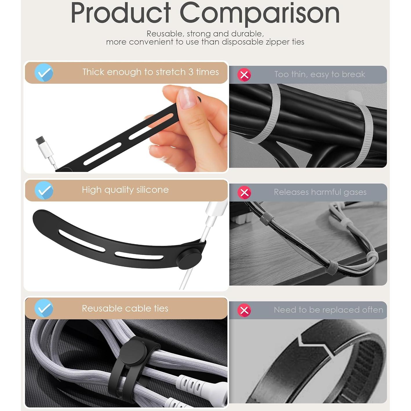 40 Bridas de Cable Nearockle Silicona Ajustables Blancas y Negras