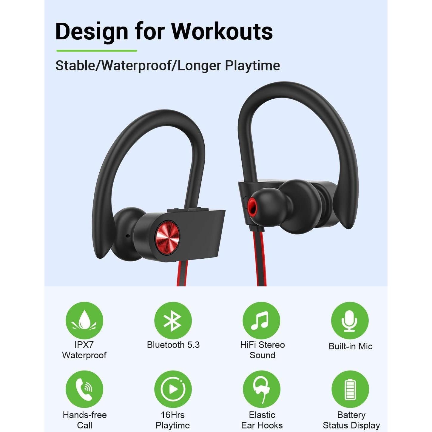 Auriculares Bluetooth Stiive U8I In-Ear IPX7 16h Negro/Rojo