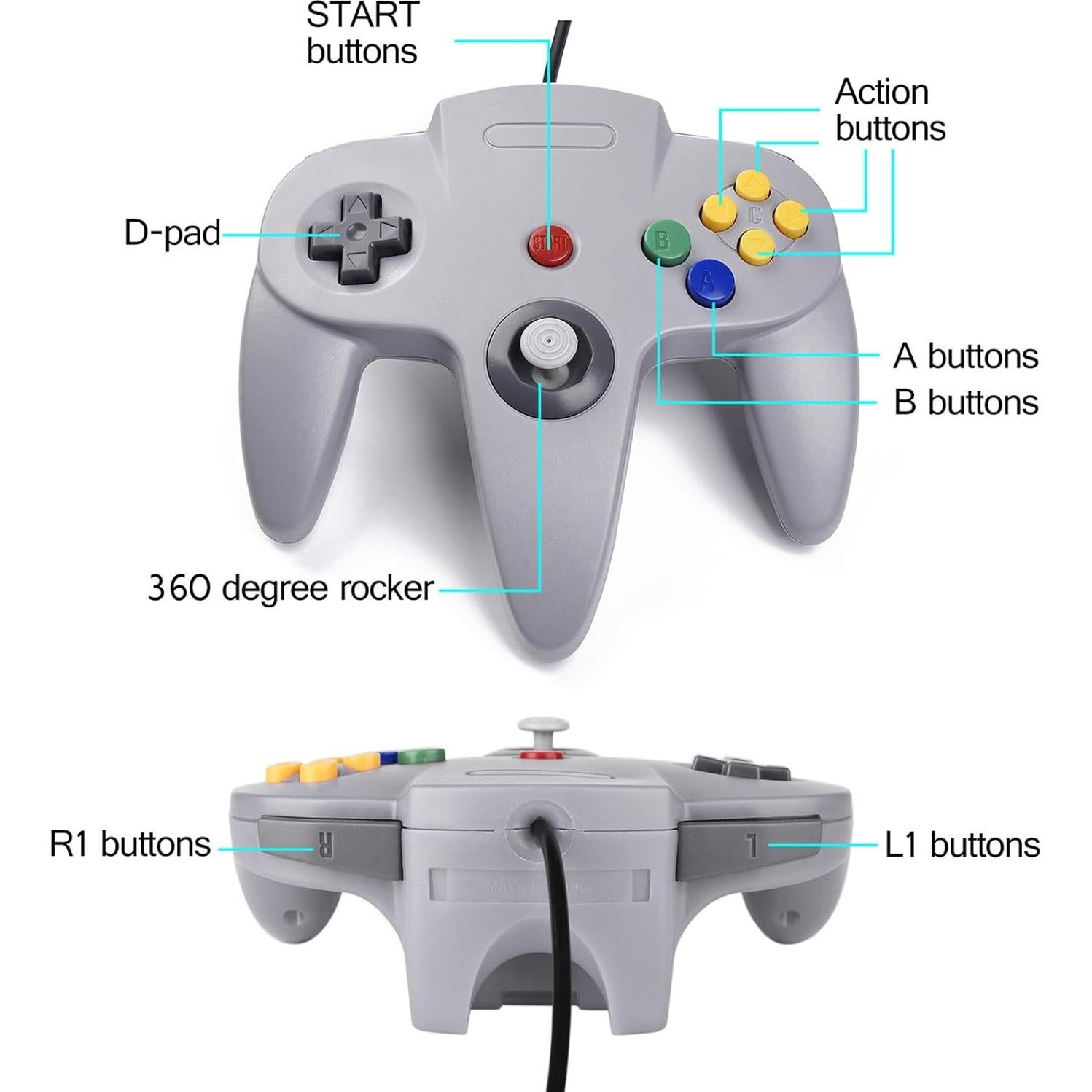 Controlador N64 Miadore 4 Pack Joystick Mejorado 1.83m