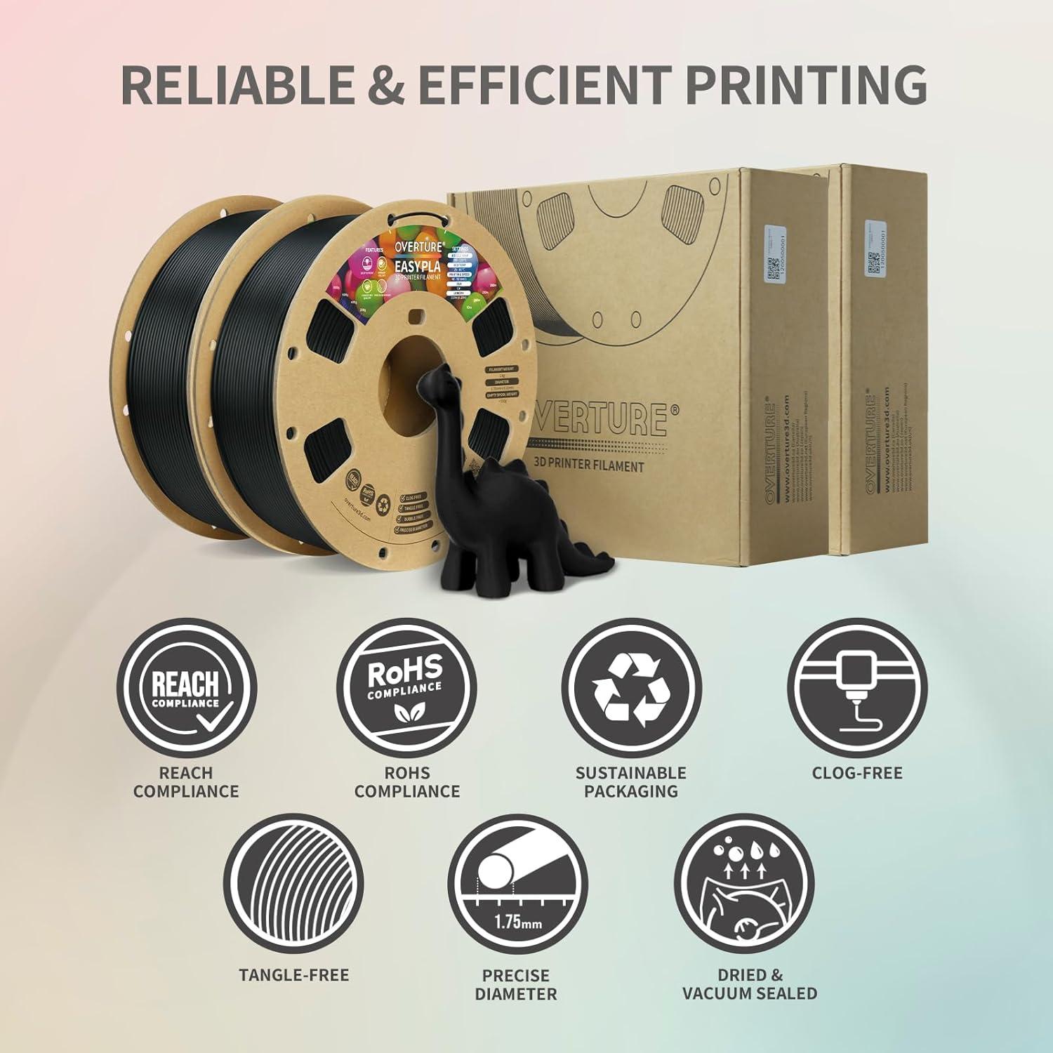 Filamento OVERTURE Easy PLA 1.75mm 2kg Negro para 3D