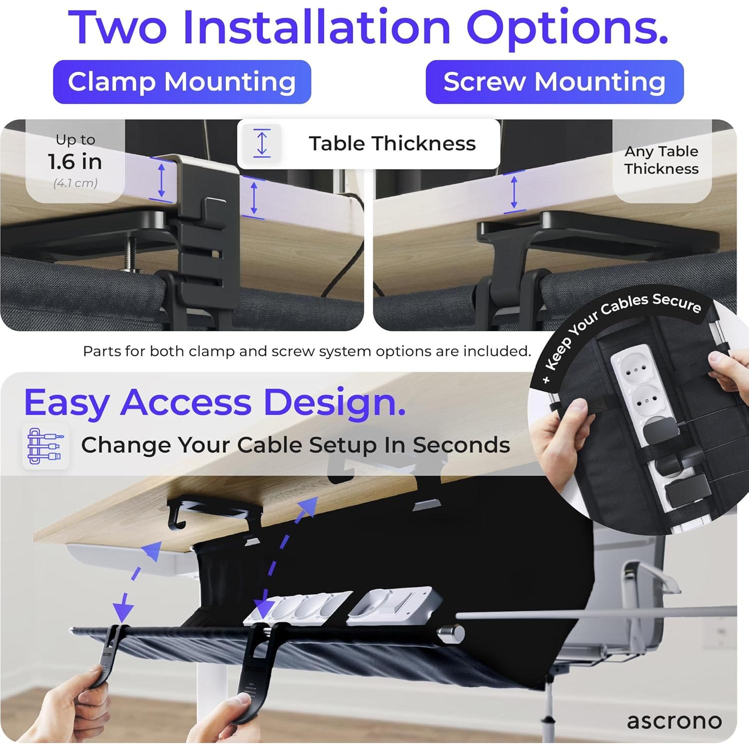 Bandeja de Gestión de Cables Ascrono Grande 40.6" Negra