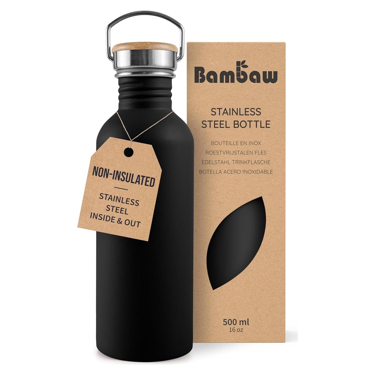 Botella de Agua Bambaw 500ml Acero Inoxidable Negra