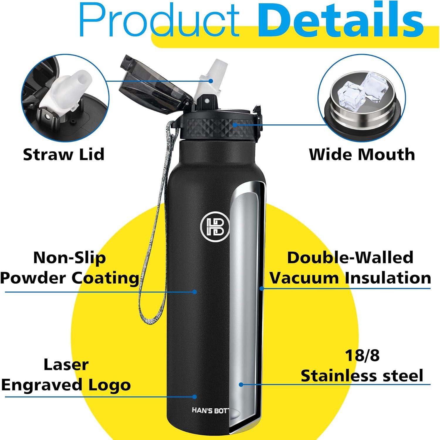 Botella de Agua Deportiva Han's 24 Oz Acero Inoxidable Negro