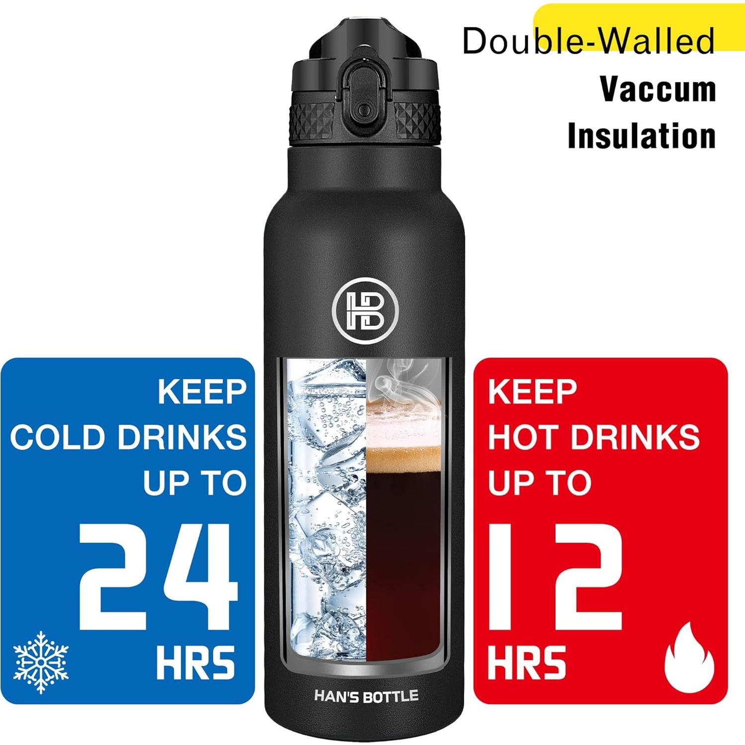 Botella de Agua Deportiva Han's 24 Oz Acero Inoxidable Negro