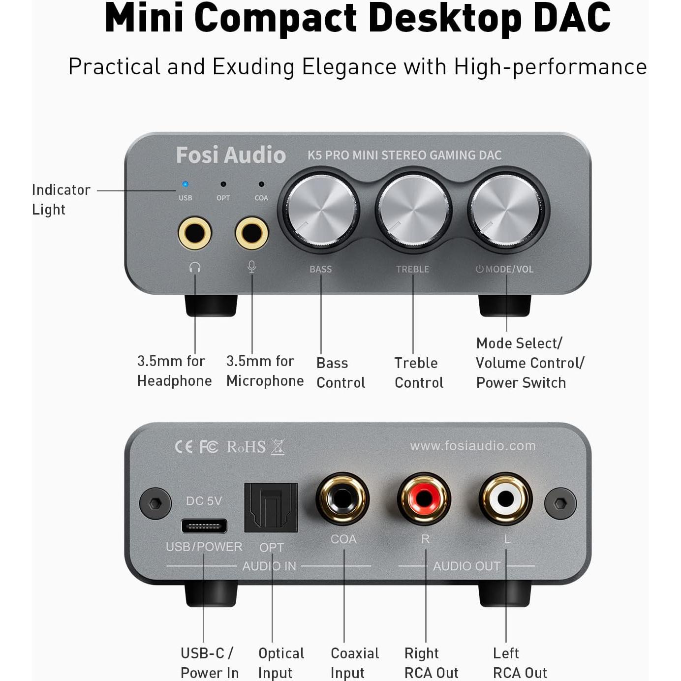 Amplificador DAC Fosi Audio K5 Pro USB Tipo C para Gaming