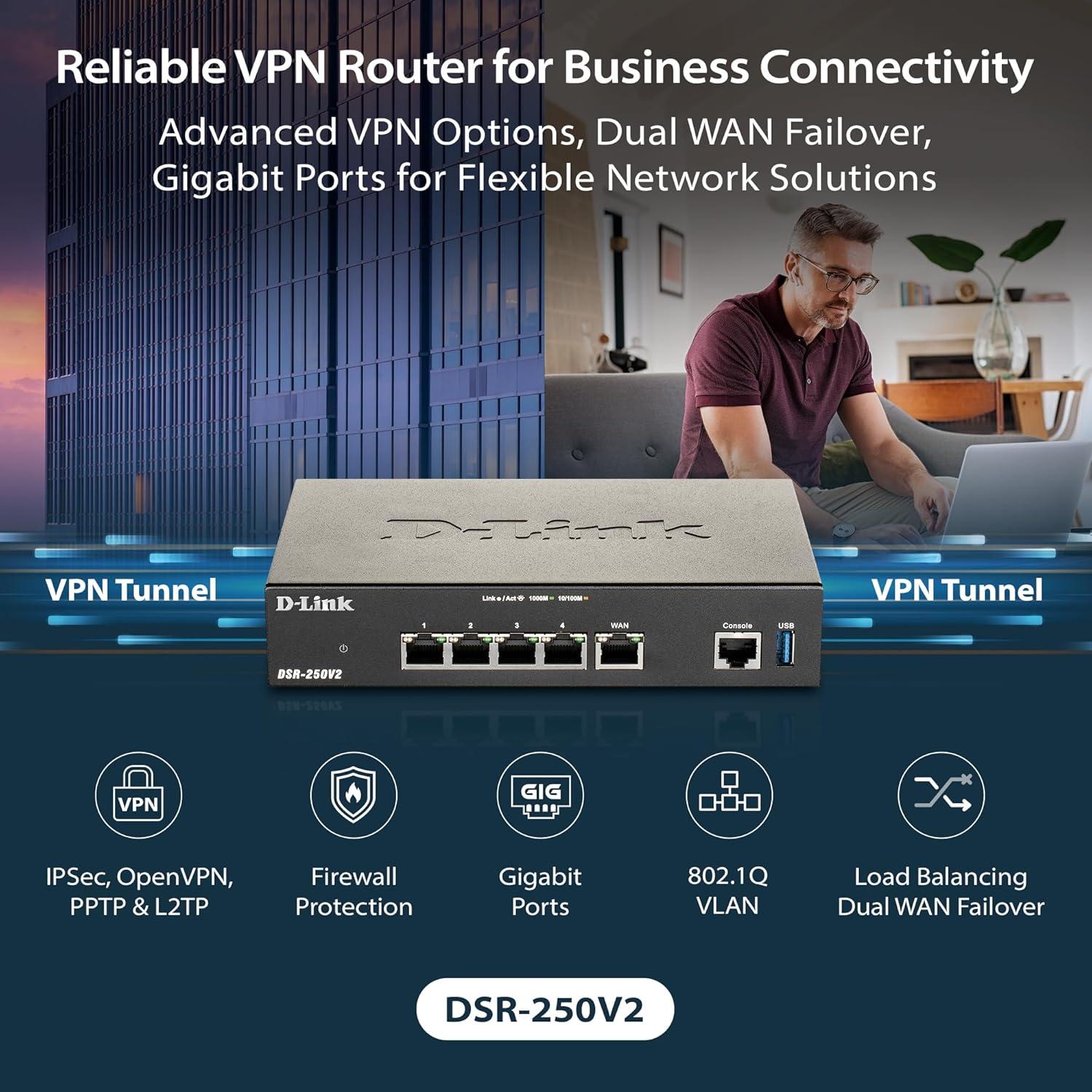 Router VPN D-Link DSR-250V2 | 4 Puertos Gigabit | Seguridad Alta