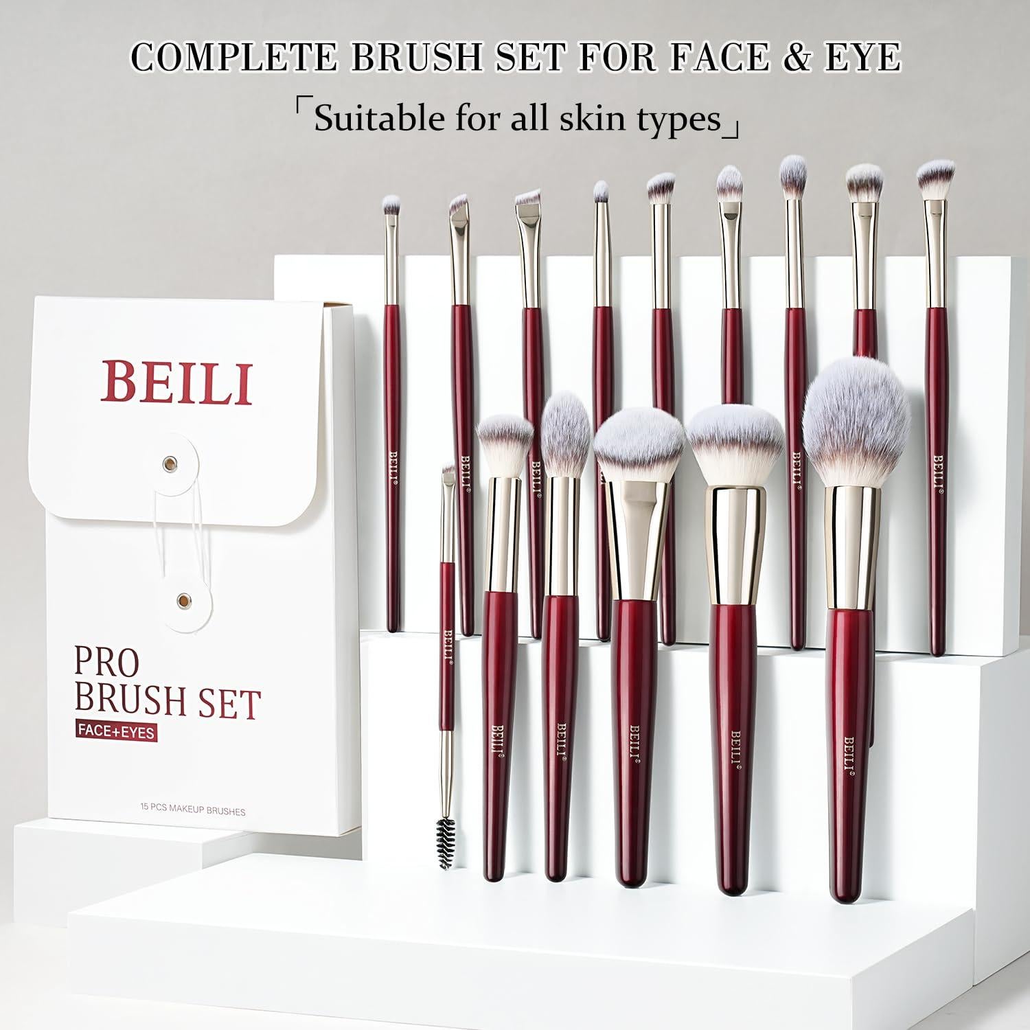 Conjunto de Brochas de Maquillaje BEILI 15Pcs Rojo