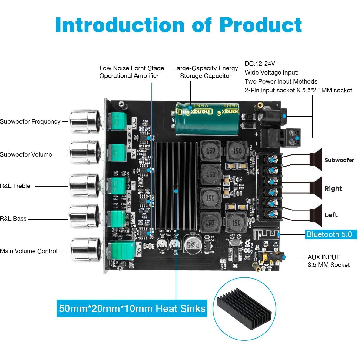 Amplificador 2.1 Canales Bluetooth 5.0 50W+50W+100W Hosyond