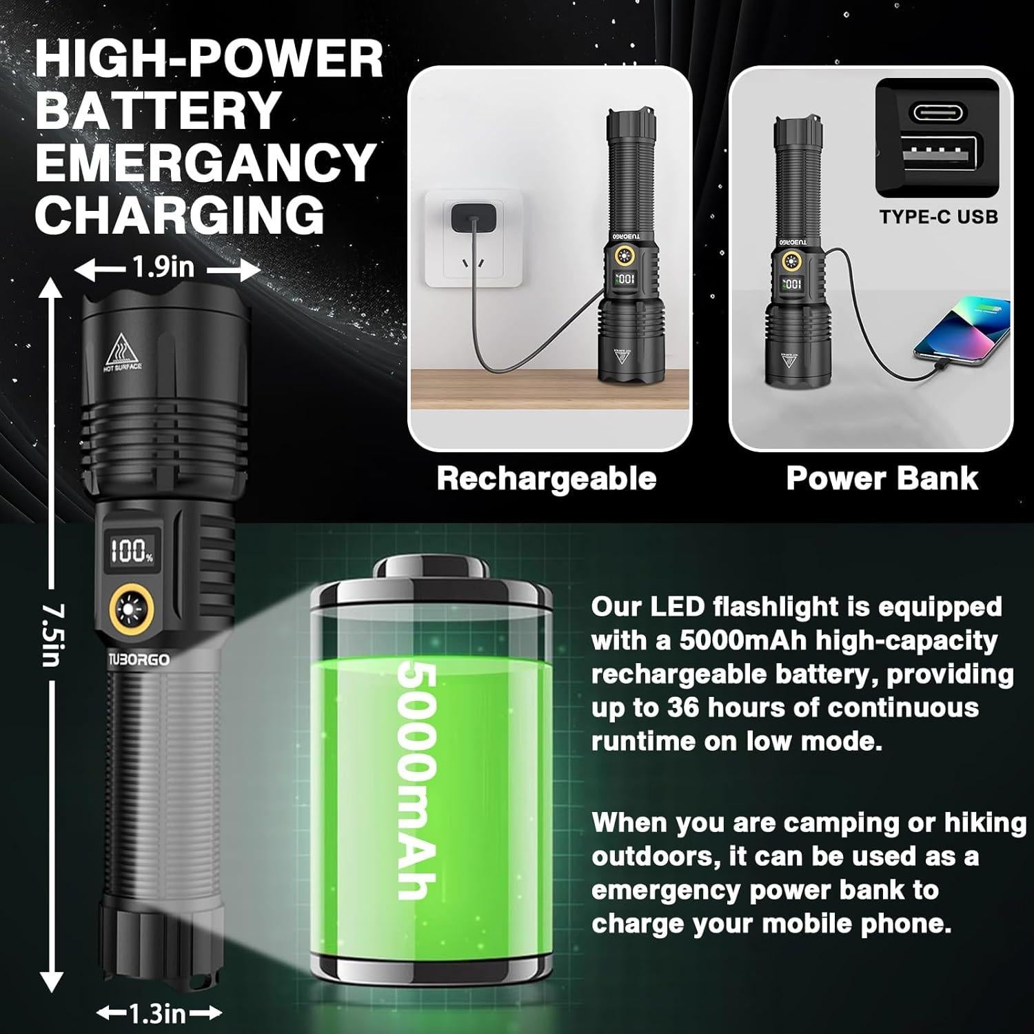 Linterna LED Táctica TUBORGO 900000 Lúmenes Recargable