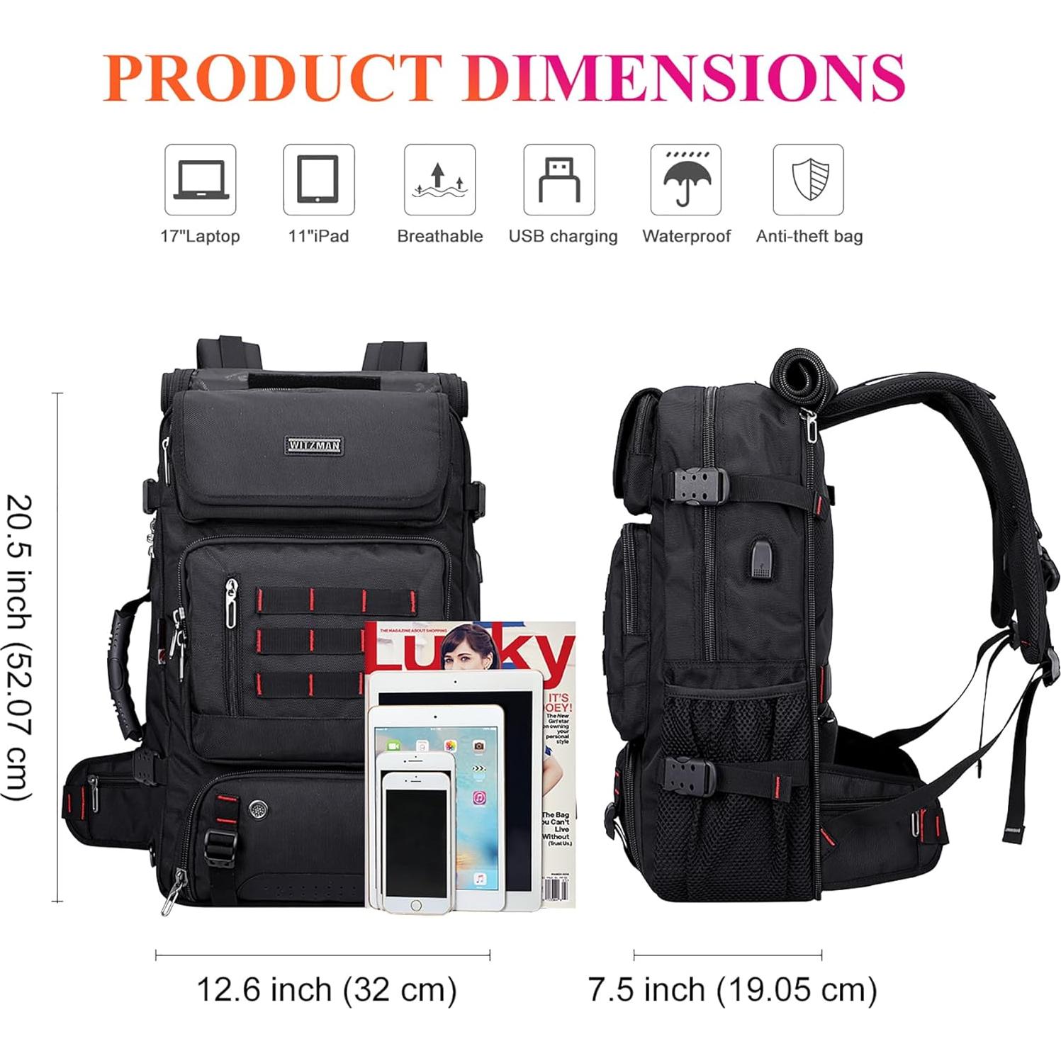 Mochila de viaje WITZMAN B682 Nylon 37.9L USB Negro