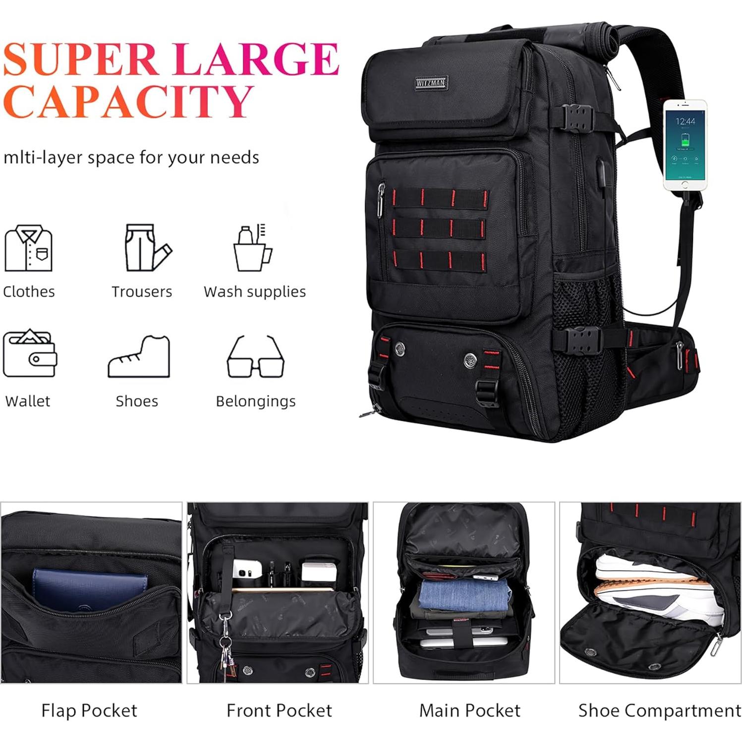 Mochila de viaje WITZMAN B682 Nylon 37.9L USB Negro