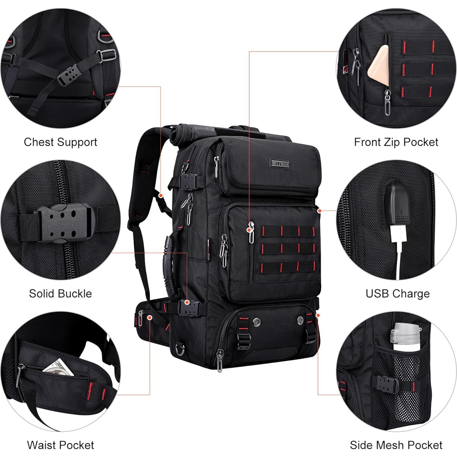 Mochila de viaje WITZMAN B682 Nylon 37.9L USB Negro