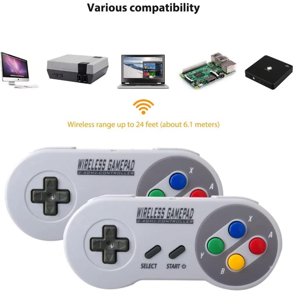 2-Pack 2.4G Wireless Cordless Controller for SNES Classic Version (SNES Mini) or SFC Classic Version (SFC Mini), Game Joystick with USB Wireless Receiver Supported for PC/MacBook Devices (US Ship)