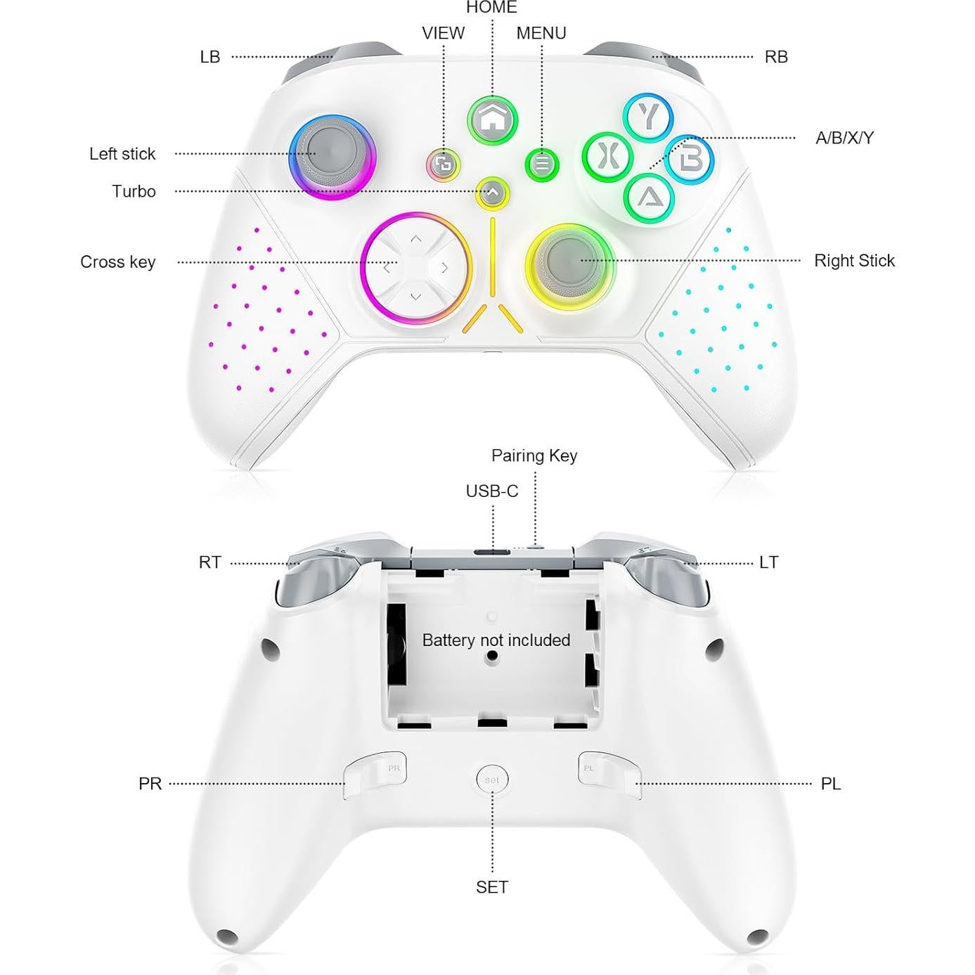 Dinosoo RGB Wireless Controller for Xbox Series X/S/Xbox One Android PC, Bluetooth Hall Effect Joysticks Dual Vibration Turbo Function 3.5mm Headphone Jack Macro Function