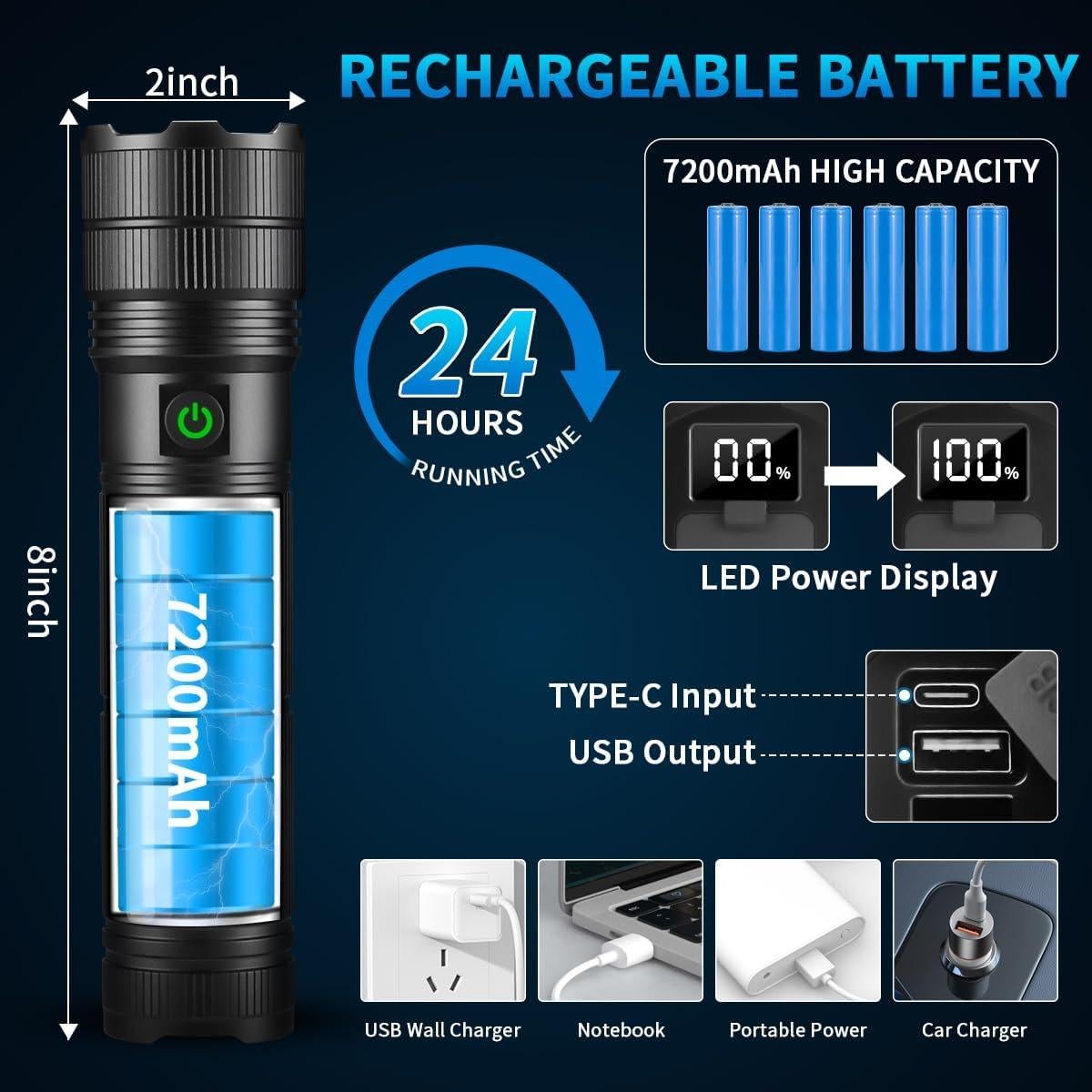 Linterna LED Recargable KYEKIO 20.32 cm Alta Potencia