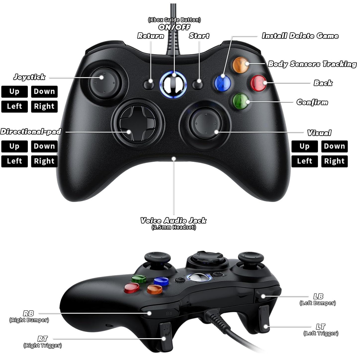 Controlador Dinosoo con Cable para Xbox 360 y PC - Joystick Mejorado