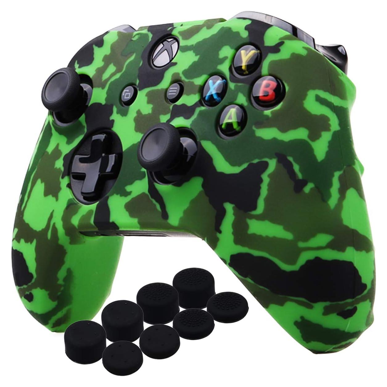 Water Transfer Printing Camouflage Silicone Cover Skin Case for Microsoft Xbox One X & Xbox One S Controller x 1(Green) with PRO Thumb Grips x 8