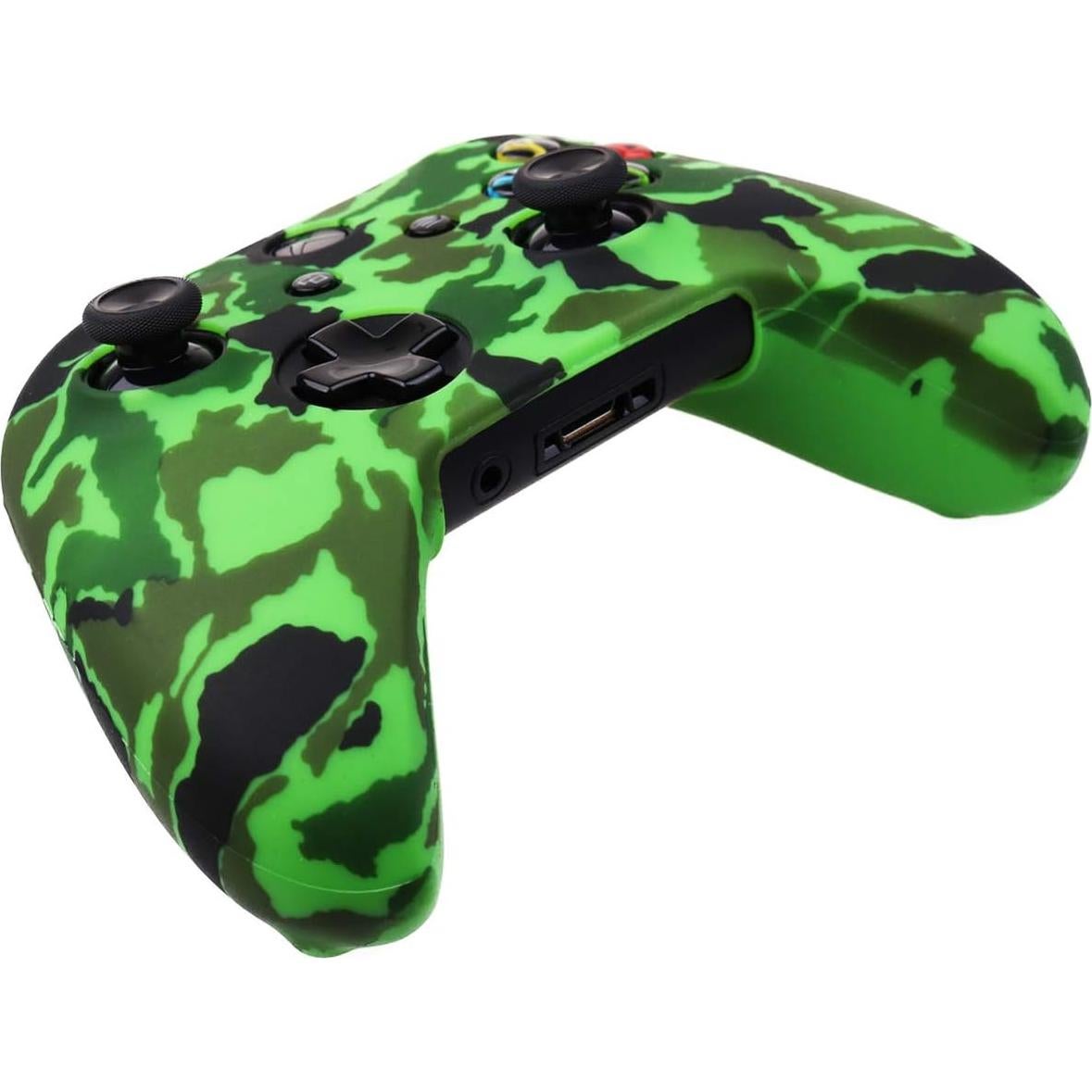 Water Transfer Printing Camouflage Silicone Cover Skin Case for Microsoft Xbox One X & Xbox One S Controller x 1(Green) with PRO Thumb Grips x 8