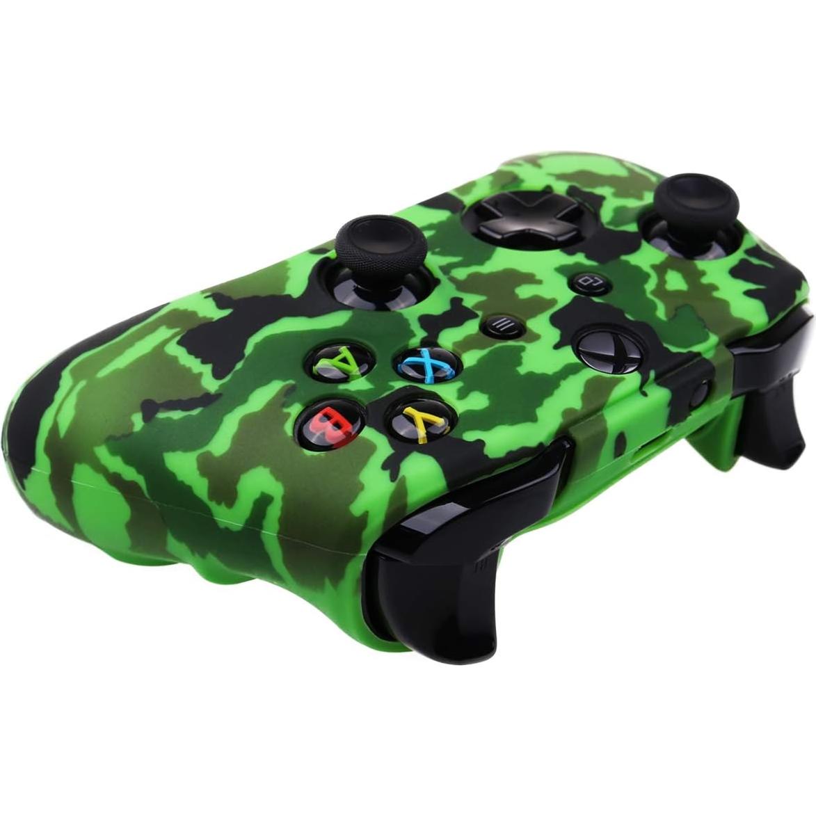Water Transfer Printing Camouflage Silicone Cover Skin Case for Microsoft Xbox One X & Xbox One S Controller x 1(Green) with PRO Thumb Grips x 8
