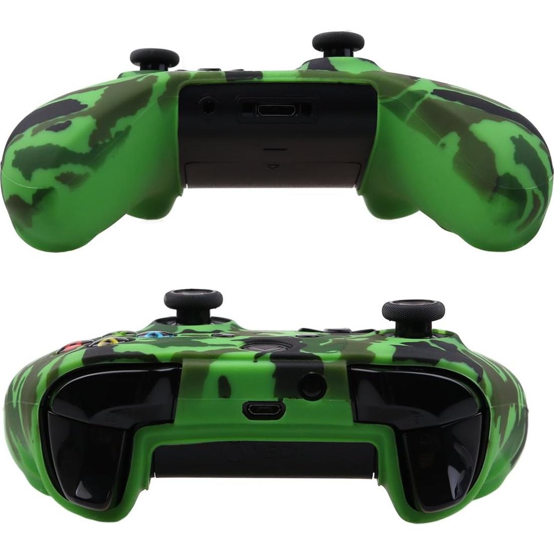 Water Transfer Printing Camouflage Silicone Cover Skin Case for Microsoft Xbox One X & Xbox One S Controller x 1(Green) with PRO Thumb Grips x 8