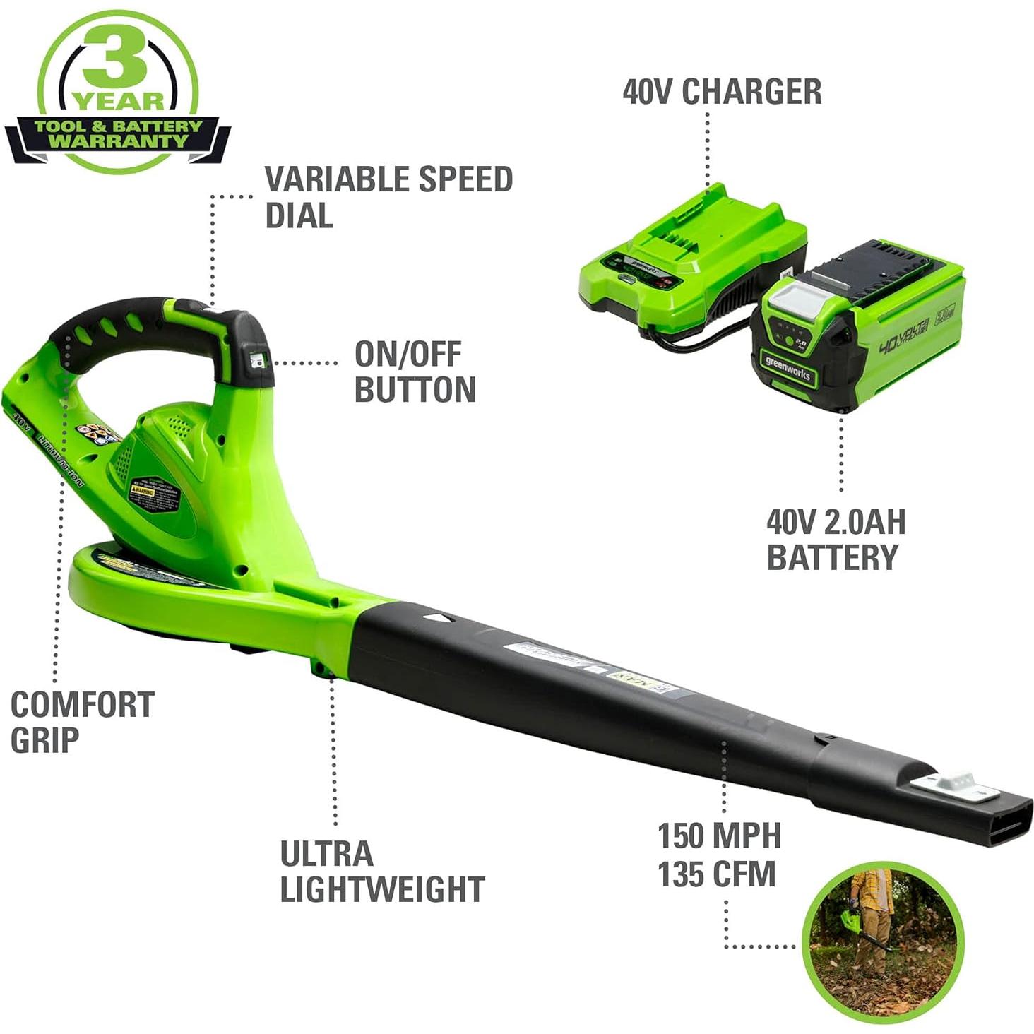 Soplador de Hojas Greenworks 40V 241,4 km/h Ligero y Silencioso