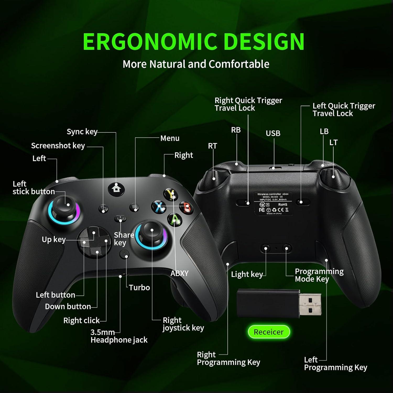TECTINTER Wireless Controller for Xbox One Controller,2.4GHz Xbox O ne Controller Wireless with 8 Color RGB Light/Programmable/800mAh Battery,Compatible with Xbox One S/X,Xbox On e Series X/S