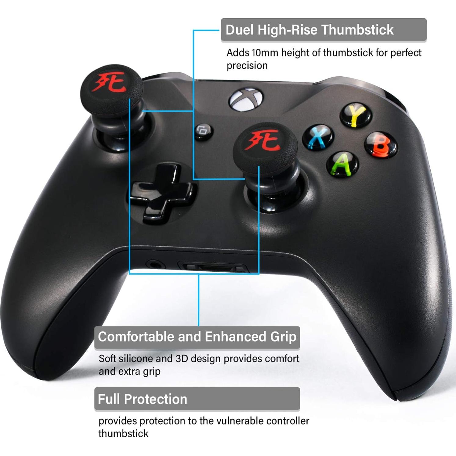 Playrealm FPS Thumbstick Extender & Printing Rubber Silicone Grip Cover 2 Sets for Xbox Series X/S & Xbox One Controller(Death of Kanji)