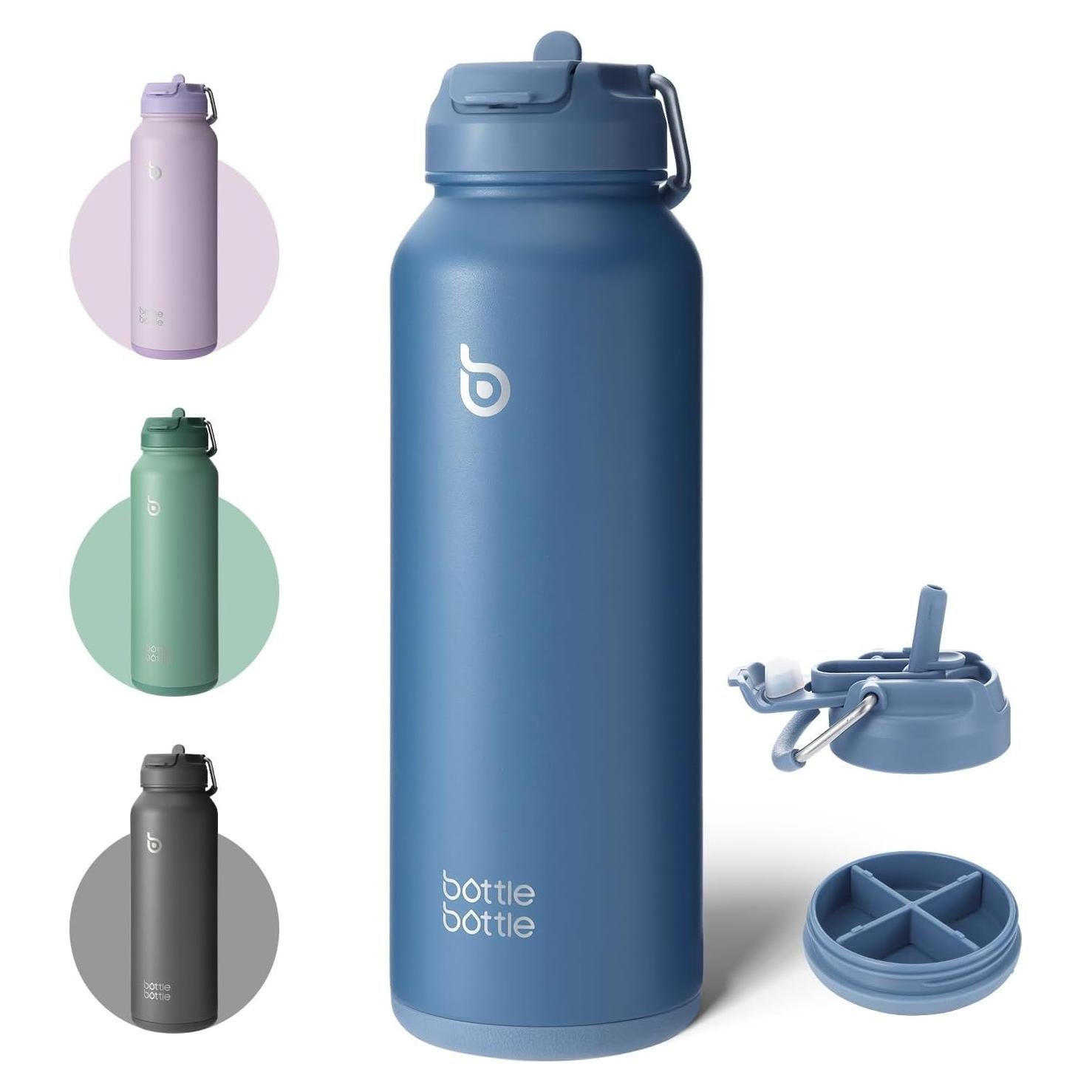 Botella de Agua Acero Inoxidable 1.13 kg con Pajilla Azul