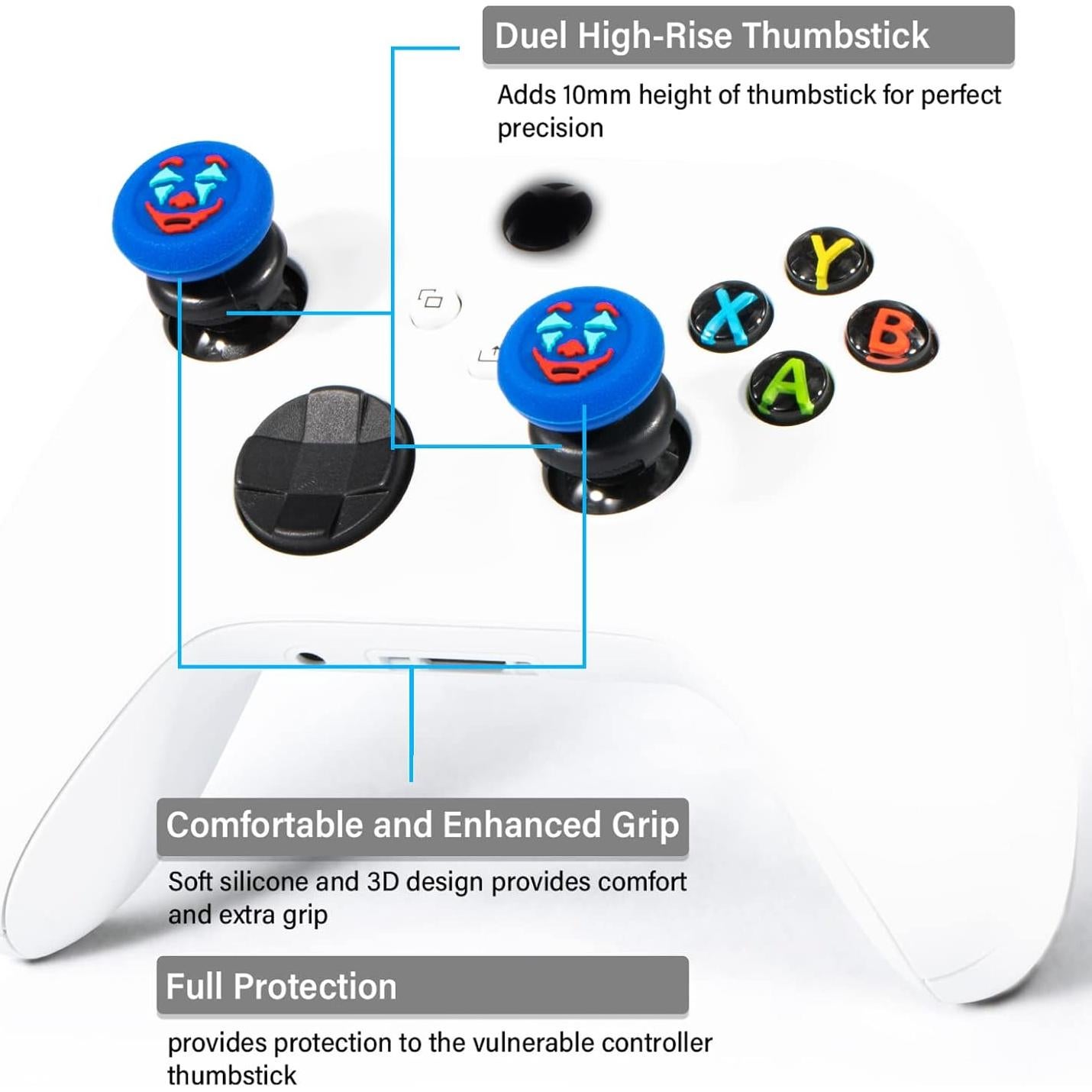FPS Thumbstick Extender &Texture Rubber Silicone Grip Cover 2 Sets for Xbox Series X/S & Xbox One Controller(Joker Blue)