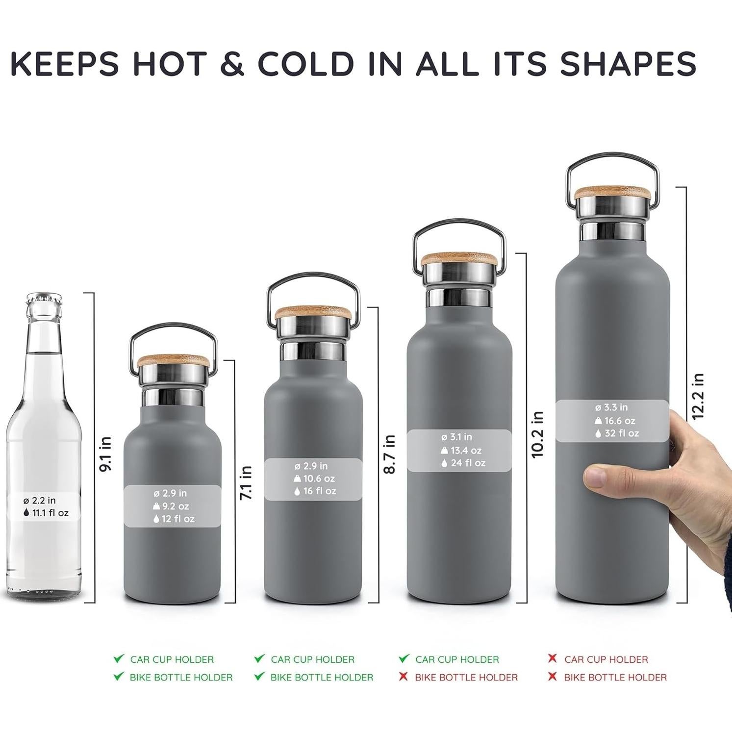 Botella de Agua Aislada Bambaw 750ml Acero Inoxidable Gris