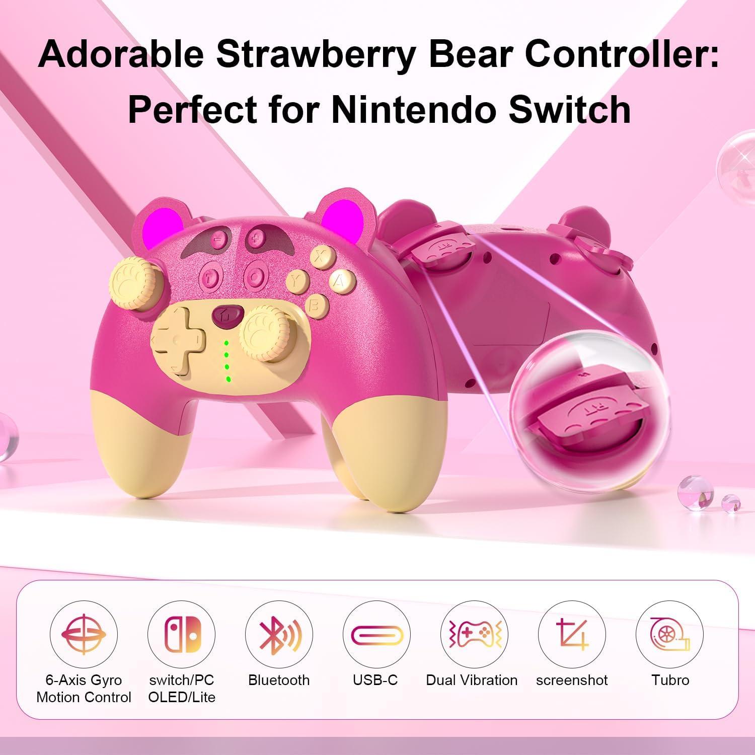 Controlador Pro Inalámbrico Rosa Oso de Fresa para Switch