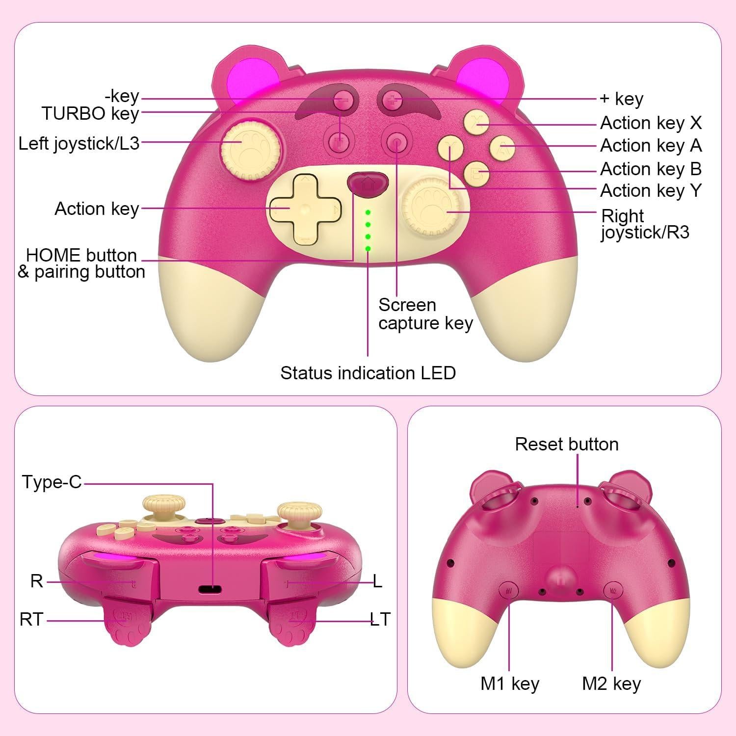 Controlador Pro Inalámbrico Rosa Oso de Fresa para Switch