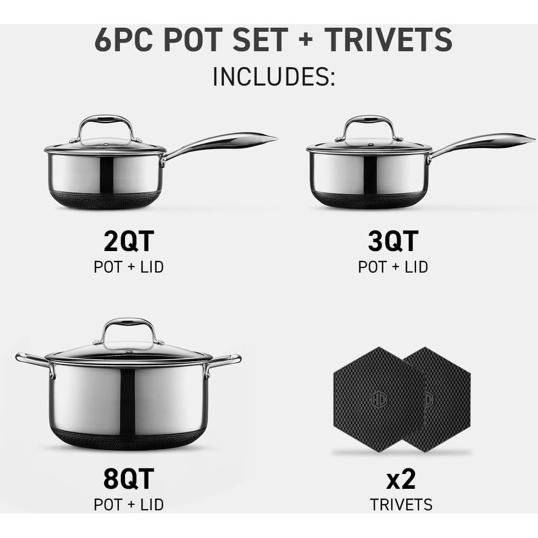 Juego de Ollas HexClad 6 Piezas Antiadherente con Trivets