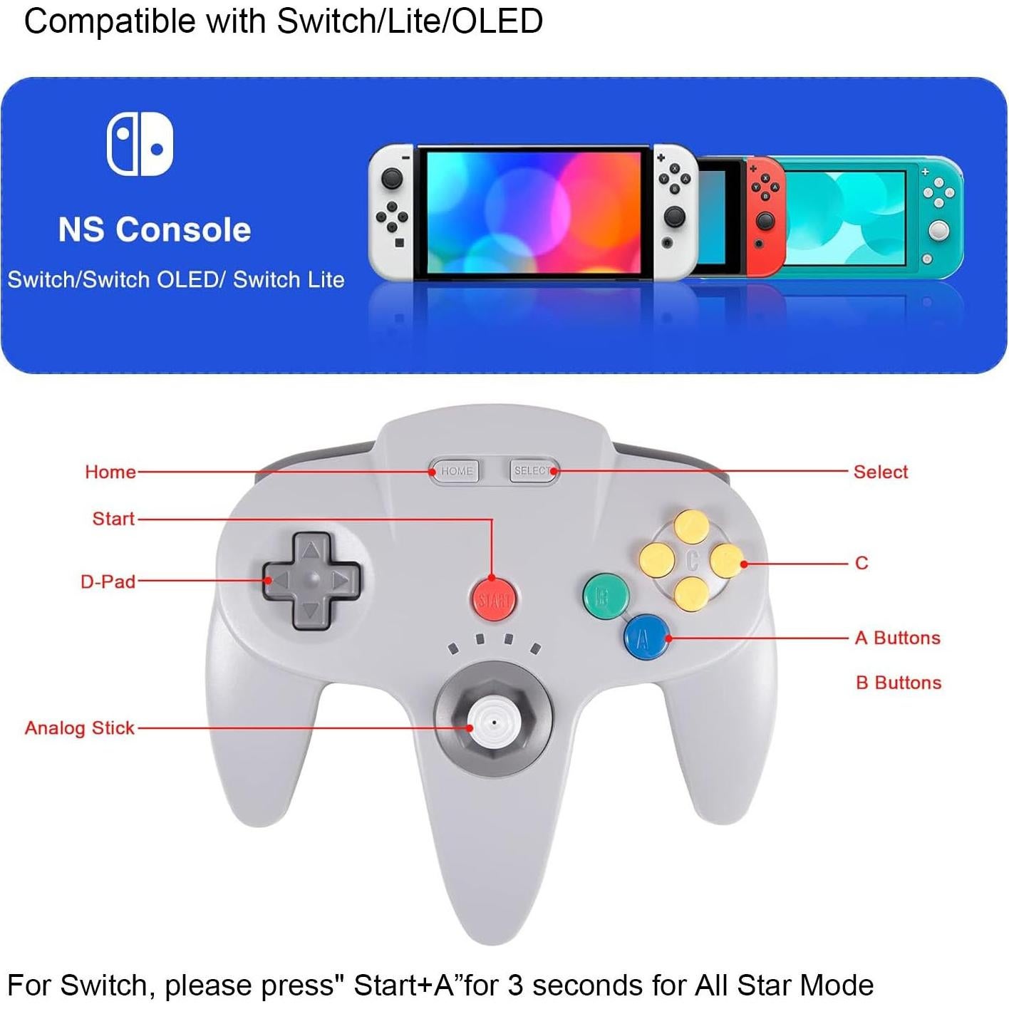 Controladores Inalámbricos KIWITATA N64 para Switch y PC