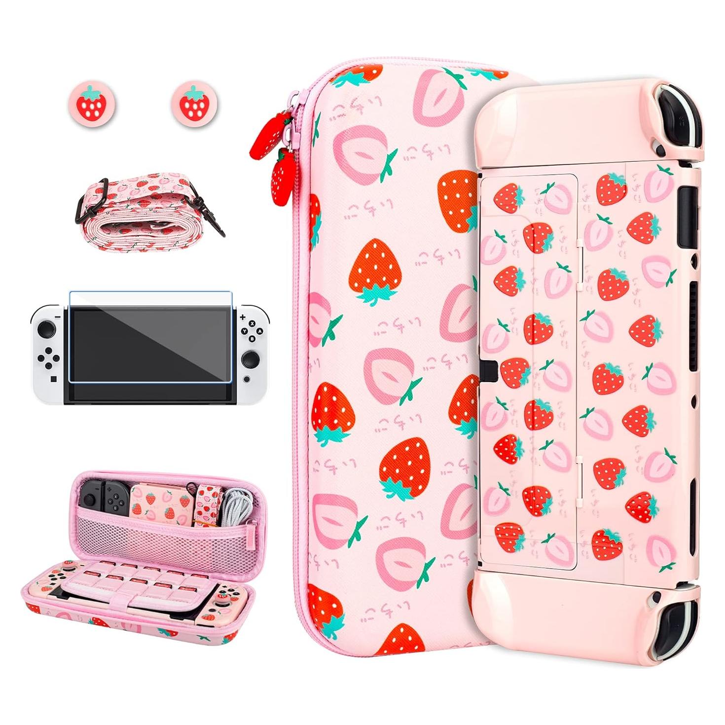 Estuche Fresa RHOTALL para Nintendo Switch OLED Rosa 6 en 1