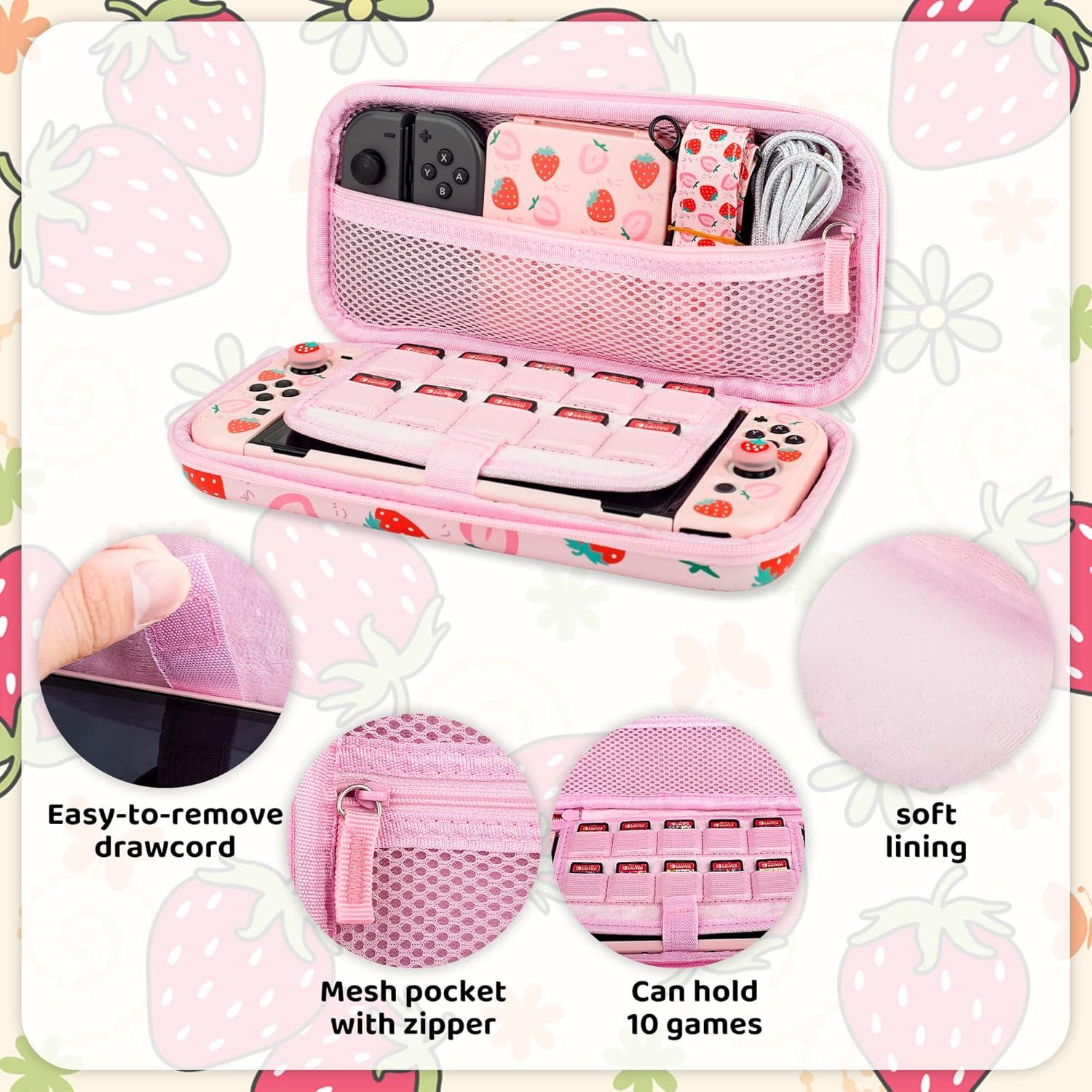 Estuche Fresa RHOTALL para Nintendo Switch OLED Rosa 6 en 1