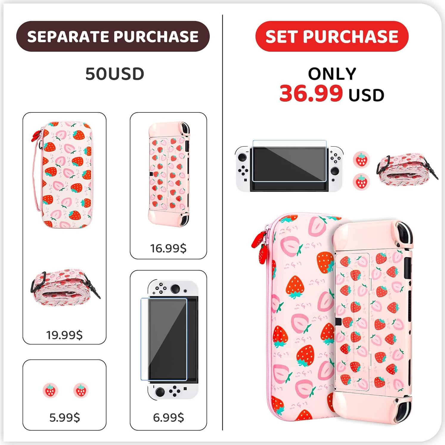 Estuche Fresa RHOTALL para Nintendo Switch OLED Rosa 6 en 1