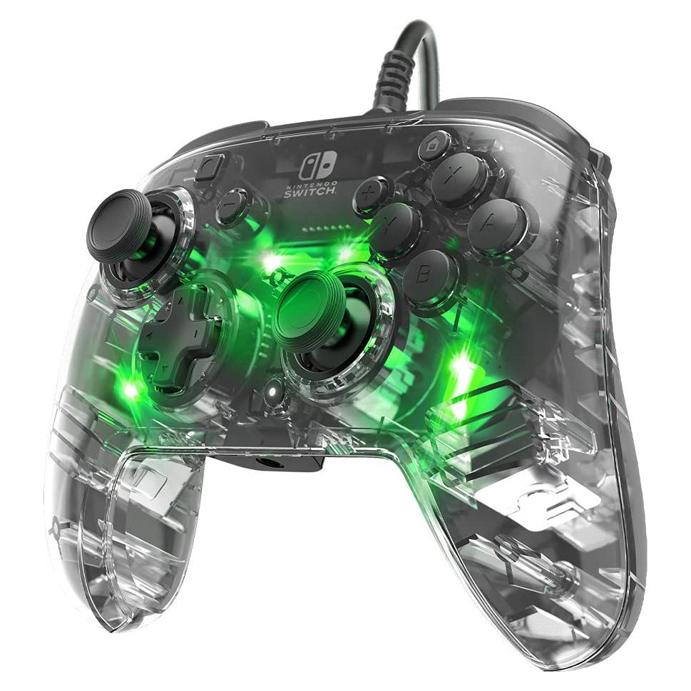 PDP Gaming Afterglow Deluxe+ LED Wired Power Nintendo Switch Pro Controller, Officially Licensed, RGB Hue Color Lights, Clear Body See Through Gamepad, 3.5mm Audio Jack, Dual Vibration Paddle Buttons
