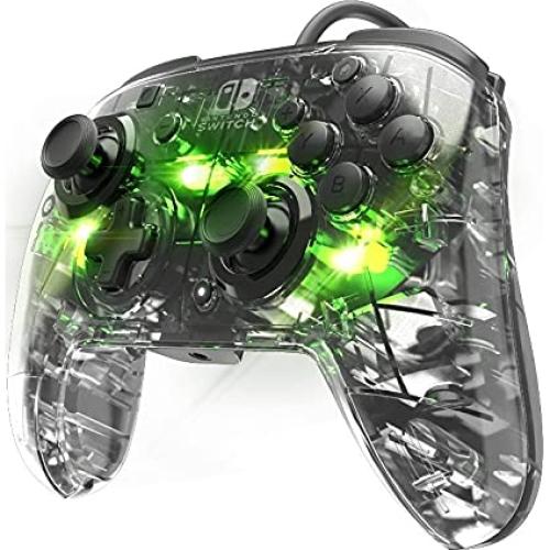 PDP Gaming Afterglow Deluxe+ LED Wired Power Nintendo Switch Pro Controller, Officially Licensed, RGB Hue Color Lights, Clear Body See Through Gamepad, 3.5mm Audio Jack, Dual Vibration Paddle Buttons
