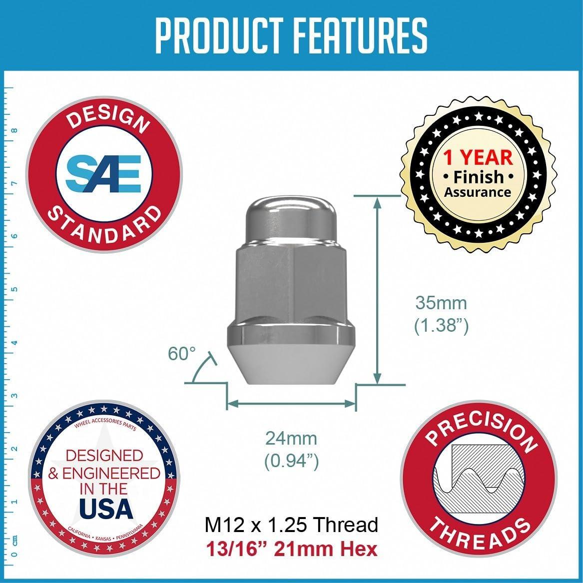 Tuercas de Rueda 20 Pcs M12x1.25 Cromo Bulge Acorn 35mm